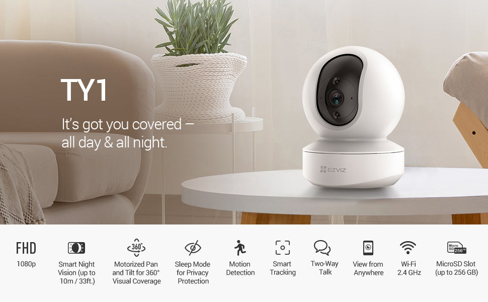 EZVIZ Security Camera Indoor WiFi 1080P, Baby Pet Monitor with Motion Detection, Smart Tracking, Smart Night Vision, Wireless, 2-Way Audio, Compatible with Alexa(TY1) White